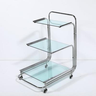 Art Deco Streamline Three Tier Chrome Glass Bar Cart W Removable Trays