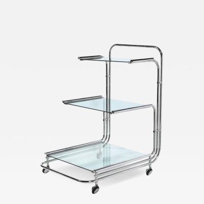 Art Deco Streamline Three Tier Chrome Glass Bar Cart W Removable Trays