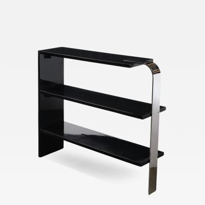 Art Deco Streamlined 3 Tier End Table Bookcase in Black Lacquer w Curved Chrome