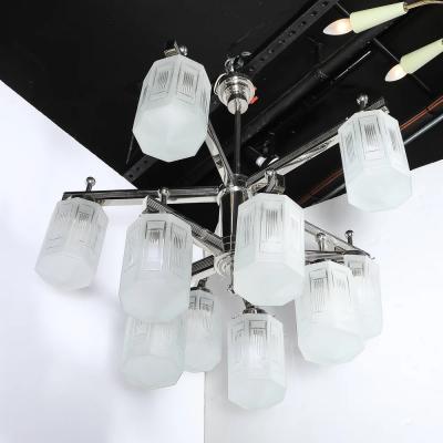 Art Deco Style 10 Arm Frosted Etched Glass Chandelier w Polished Nickel Frame