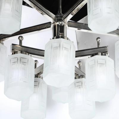 Art Deco Style 10 Arm Frosted Etched Glass Chandelier w Polished Nickel Frame