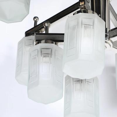 Art Deco Style 10 Arm Frosted Etched Glass Chandelier w Polished Nickel Frame