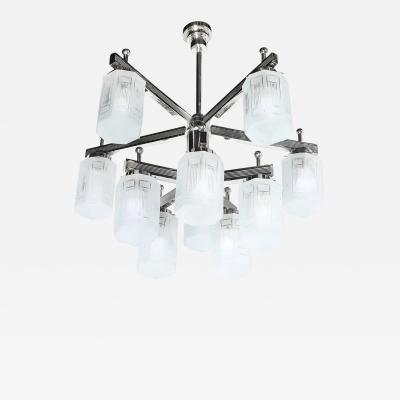 Art Deco Style 10 Arm Frosted Etched Glass Chandelier w Polished Nickel Frame