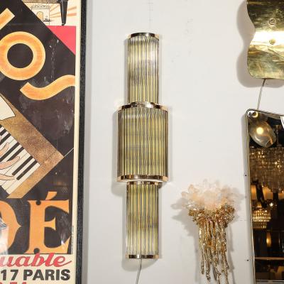 Art Deco Style 3 Tier Polished Brass Hand Blown Murano Mixed Glass Rod Sconces