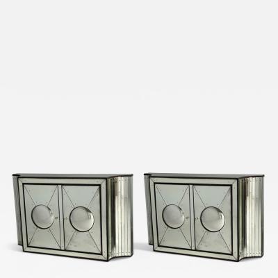 Art Deco Style Antique Glass Painted Wood Concave Mirrored Cabinets