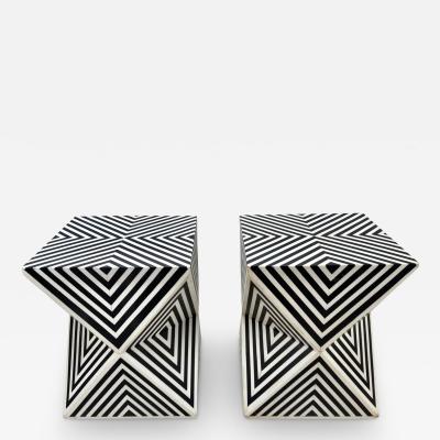 Art Deco Style Black and White Resin Sculptural Side End Table or Stool a Pair