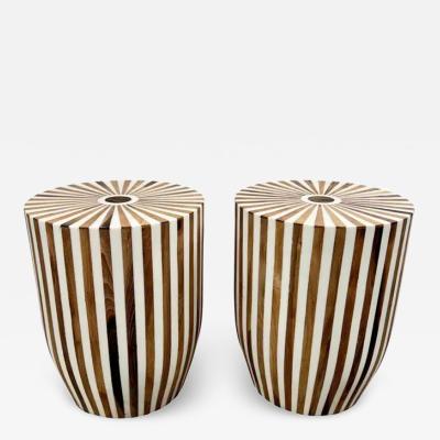 Art Deco Style Brown White Cylindrical Walnut Resin End Table or Stool a Pair