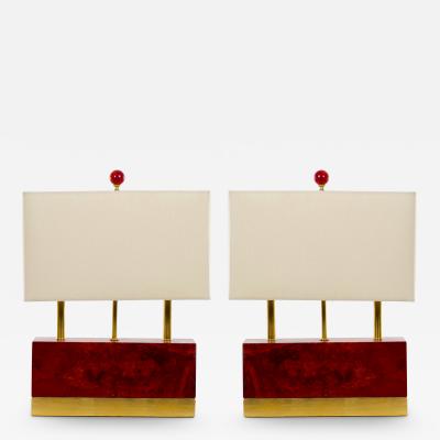 Art Deco Style Burgundy Red Jade Brass Decorated Table Lamps