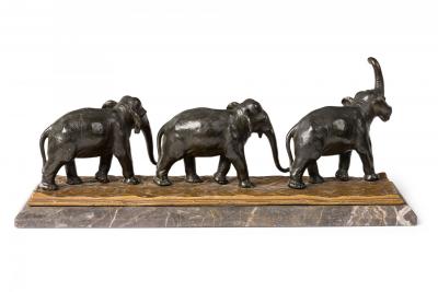 Art Deco Style Cast Metal and Marble Sculpture of Three Marching Elephants