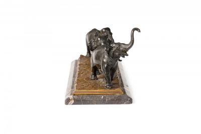Art Deco Style Cast Metal and Marble Sculpture of Three Marching Elephants