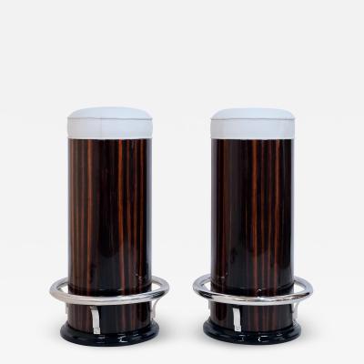 Art Deco Style Cylindrical bar Stools in Macassar and Leather with Chromed Metal
