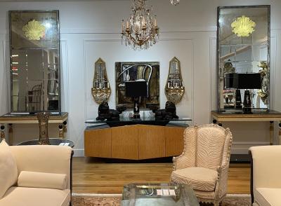 Art Deco Style Eglomise Glass Beveled Mirror Monumental Wall Mirrors 1960s