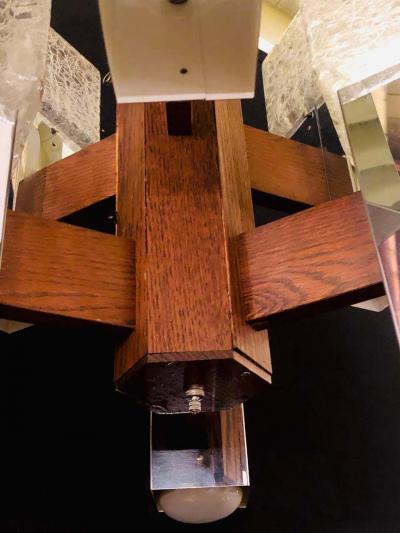 Art Deco Style Glass and Burl Wood Chandelier with 12 Lights and 2 Tier