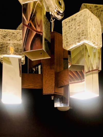 Art Deco Style Glass and Burl Wood Chandelier with 12 Lights and 2 Tier