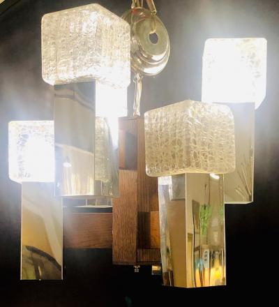 Art Deco Style Glass and Burl Wood Chandelier with 12 Lights and 2 Tier