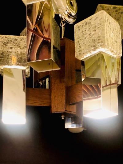 Art Deco Style Glass and Burl Wood Chandelier with 12 Lights and 2 Tier