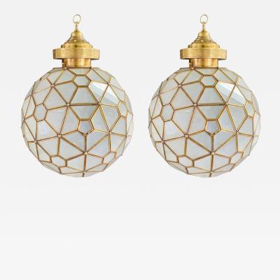 Art Deco Style Globe Milk Glass Brass Chandelier Pendant or Lantern a Pair