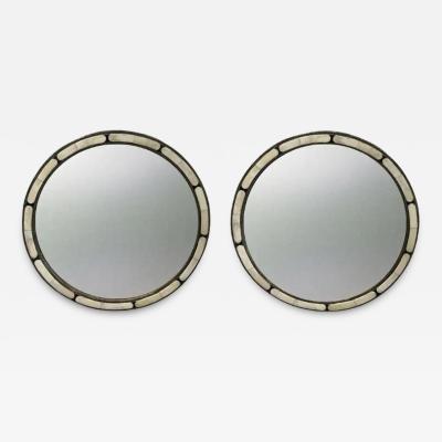 Art Deco Style Handmade White Black with Brass Inlay Round Mirror a Pair