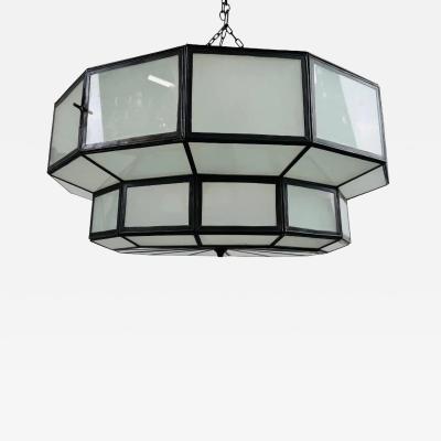 Art Deco Style Large Circular White Milk Glass Bronze Pendant Chandelier