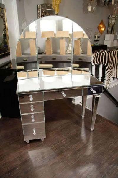 Art Deco Style Mirrored Vanity with Triptych Mirror