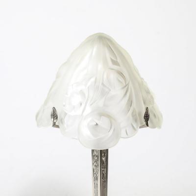 Art Deco Style Molded Frosted Glass Table Lamp w Silvered Bronze Base