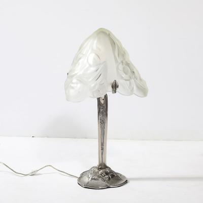 Art Deco Style Molded Frosted Glass Table Lamp w Silvered Bronze Base