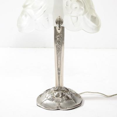 Art Deco Style Molded Frosted Glass Table Lamp w Silvered Bronze Base