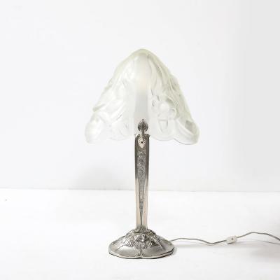 Art Deco Style Molded Frosted Glass Table Lamp w Silvered Bronze Base