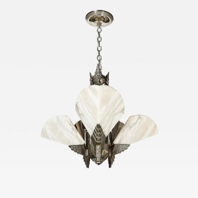 Art Deco Style Nickeled Bronze and Alabaster Pendant Chandelier