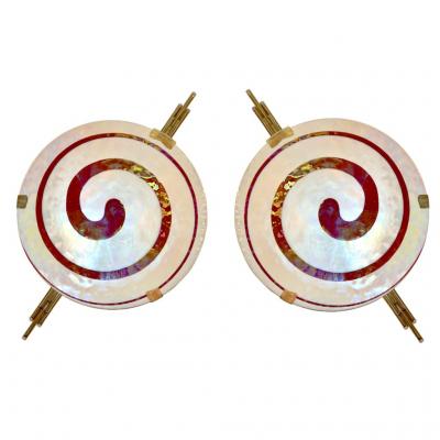 Art Deco Style Pair of Burgundy Ivory Murano Glass Wall Ceiling Lights