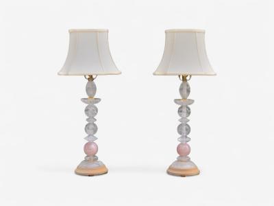 Art Deco Style Pink Rock Crystal Brass Table Lamps France 1960s