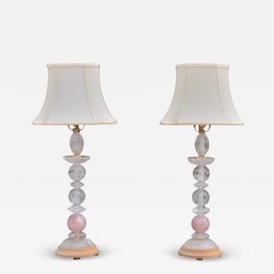 Art Deco Style Pink Rock Crystal Brass Table Lamps France 1960s