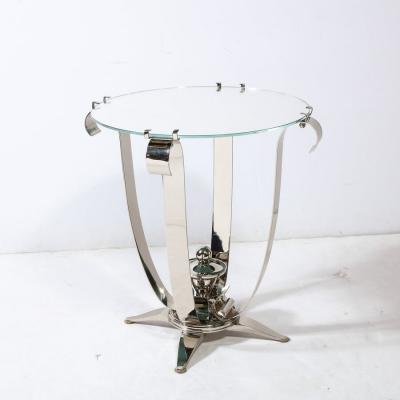 Art Deco Style Polished Nickel Side End Table With A Round Mirror Top