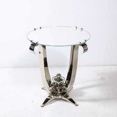 Art Deco Style Polished Nickel Side End Table With A Round Mirror Top