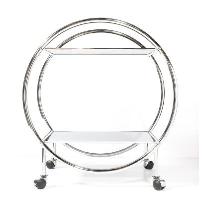 Art Deco Style Round Form Tubular Two Tier Bar Cart in Chrome and Smoked Mirror