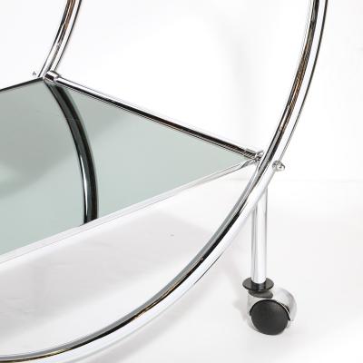 Art Deco Style Round Form Tubular Two Tier Bar Cart in Chrome and Smoked Mirror