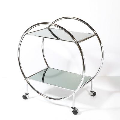 Art Deco Style Round Form Tubular Two Tier Bar Cart in Chrome and Smoked Mirror