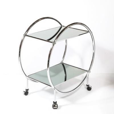 Art Deco Style Round Form Tubular Two Tier Bar Cart in Chrome and Smoked Mirror