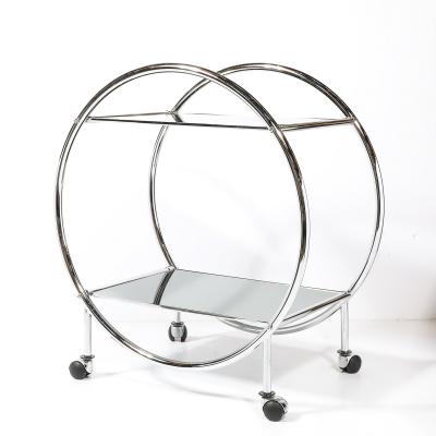 Art Deco Style Round Form Tubular Two Tier Bar Cart in Chrome and Smoked Mirror
