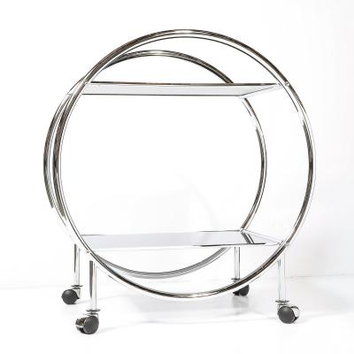 Art Deco Style Round Form Tubular Two Tier Bar Cart in Chrome and Smoked Mirror