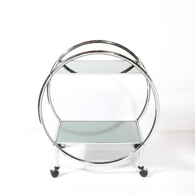 Art Deco Style Round Form Tubular Two Tier Bar Cart in Chrome and Smoked Mirror