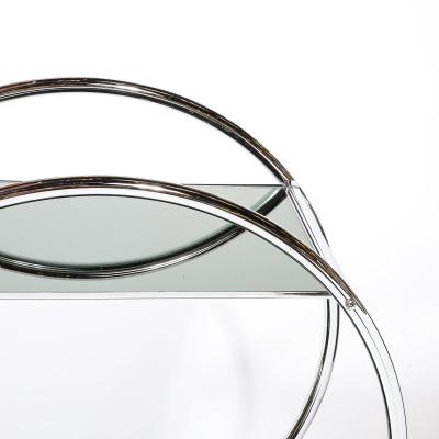Art Deco Style Round Form Tubular Two Tier Bar Cart in Chrome and Smoked Mirror