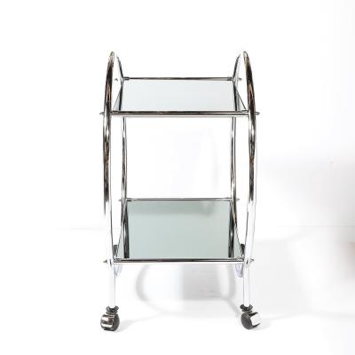 Art Deco Style Round Form Tubular Two Tier Bar Cart in Chrome and Smoked Mirror