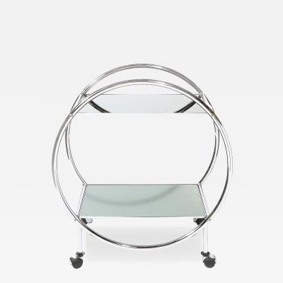 Art Deco Style Round Form Tubular Two Tier Bar Cart in Chrome and Smoked Mirror