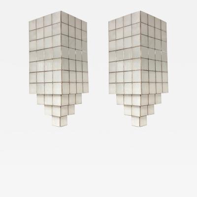 Art Deco Style Skyscraper White Milk Glass Brass Chandelier or Pendant Pair