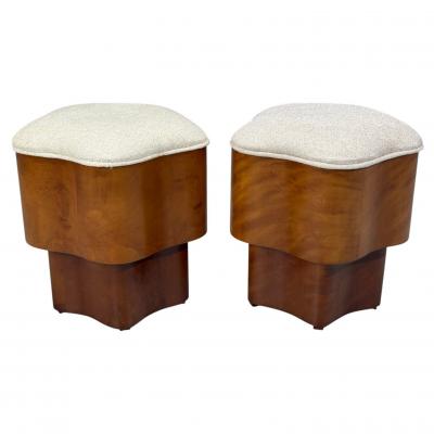 Art Deco Style Star Motif Footstools Burlwood Beige Linen 21st c 