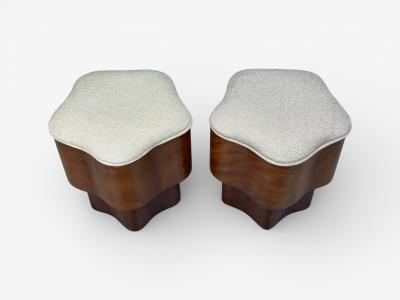 Art Deco Style Star Motif Footstools Burlwood Beige Linen 21st c 