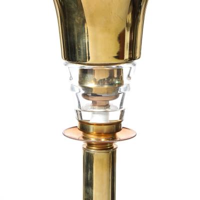 Art Deco Style Torchiere In Polished Brass W Copper Lucite Stacked Fittings