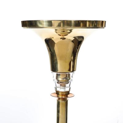 Art Deco Style Torchiere In Polished Brass W Copper Lucite Stacked Fittings