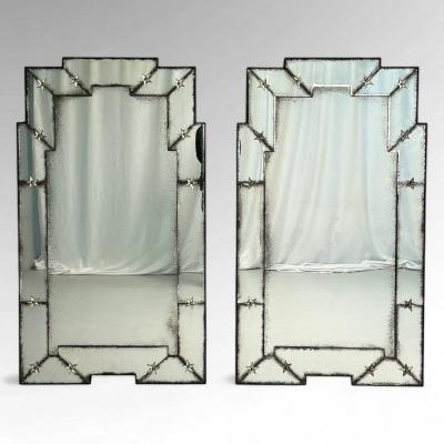 Art Deco Style Venetian Wall Mirrors Antiqued and Beveled Glass 21st C 